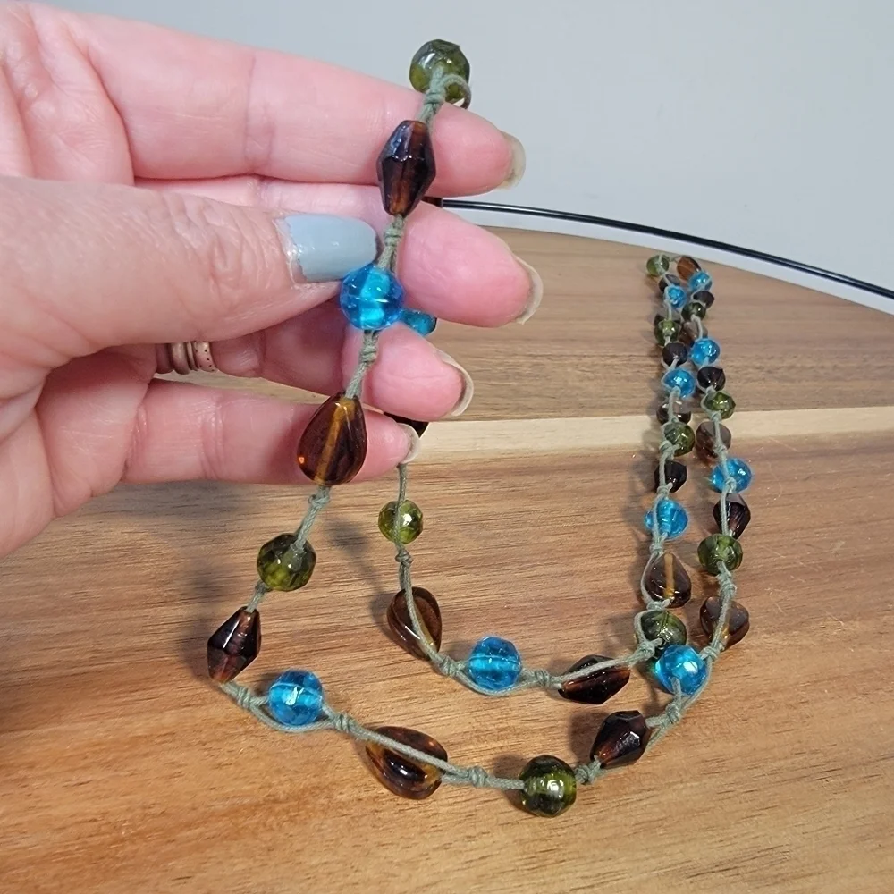 Long beaded Necklace Embroidered Strand Pull over Summer Brown Green Blue Aqua